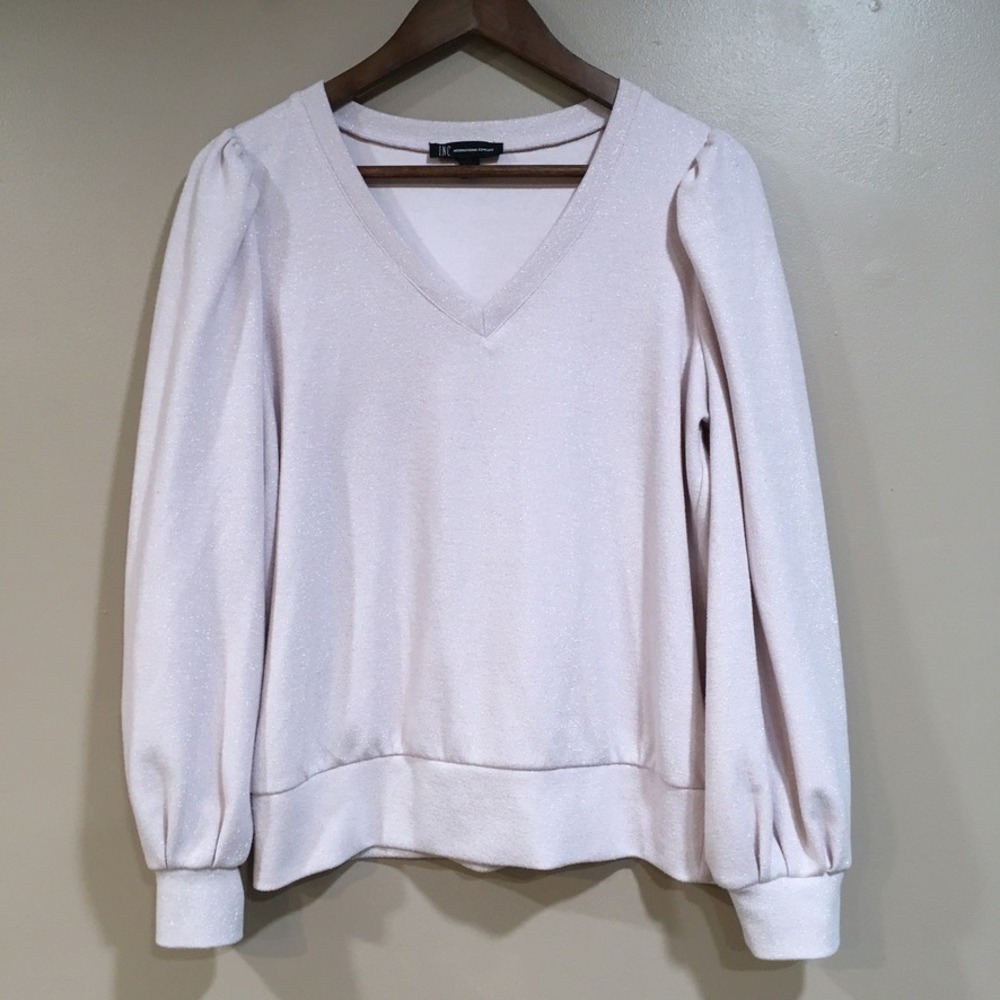INC International Concepts Metallic Puff Sleeve Sweatshirt Womens M Pink Glam